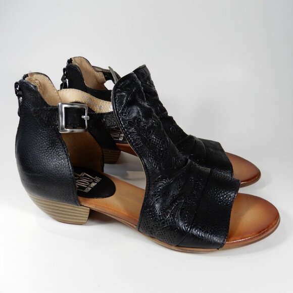 Miz Mooz Corra SANDALS Size 38 7.5 8 Peep Toe Black Embroidered Leather NEW - Picture 4 of 14